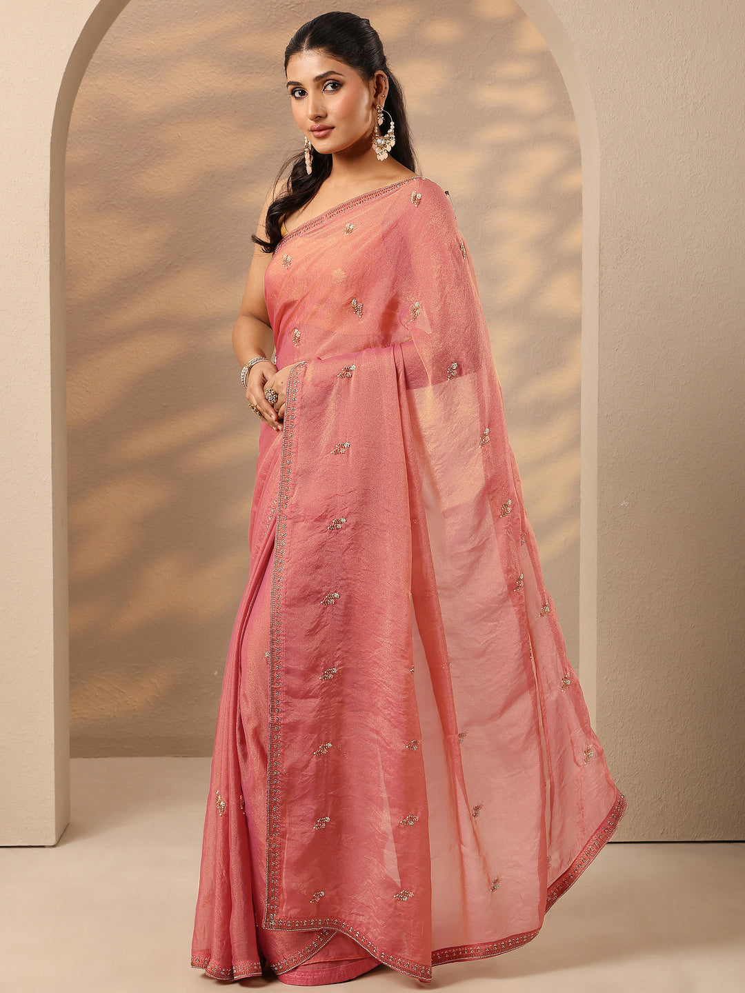 Coral Embellished Silk Blend Saree With Unstitched Blouse Piece