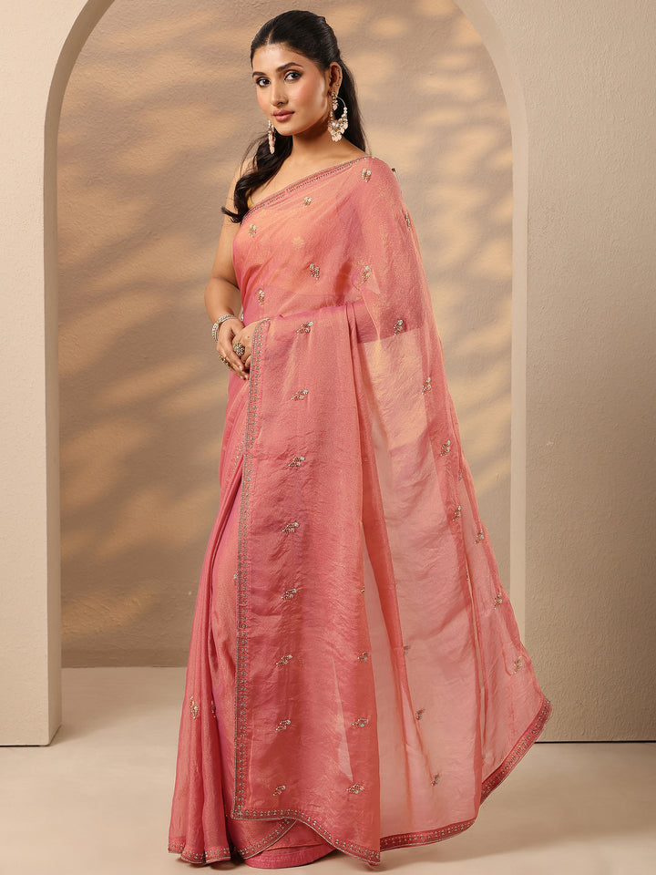 Coral Embellished Silk Blend Saree With Unstitched Blouse Piece