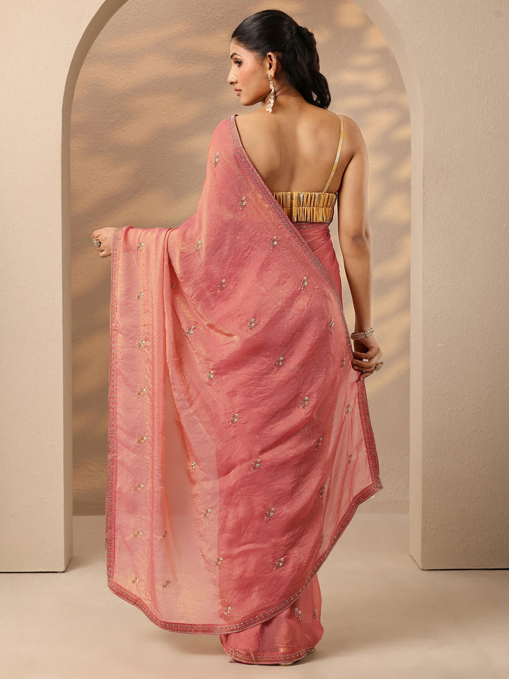 Coral Embellished Silk Blend Saree With Unstitched Blouse Piece