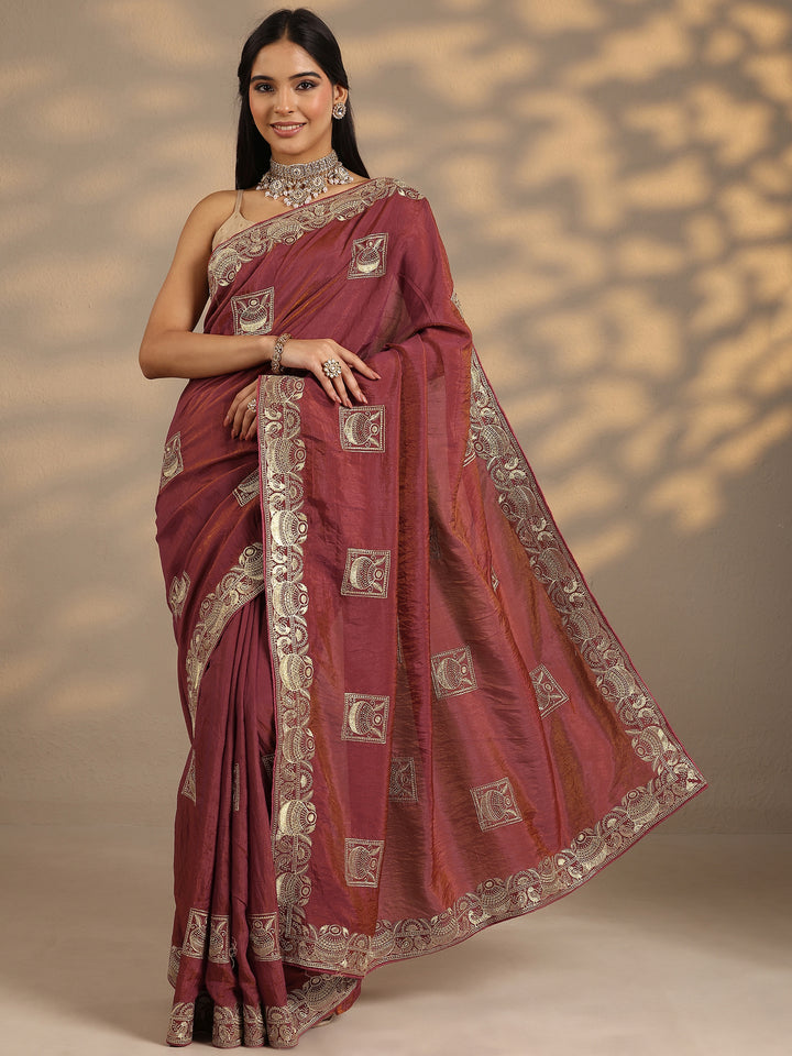 Pink Embellished Silk Blend Saree With Unstitched Blouse Piece