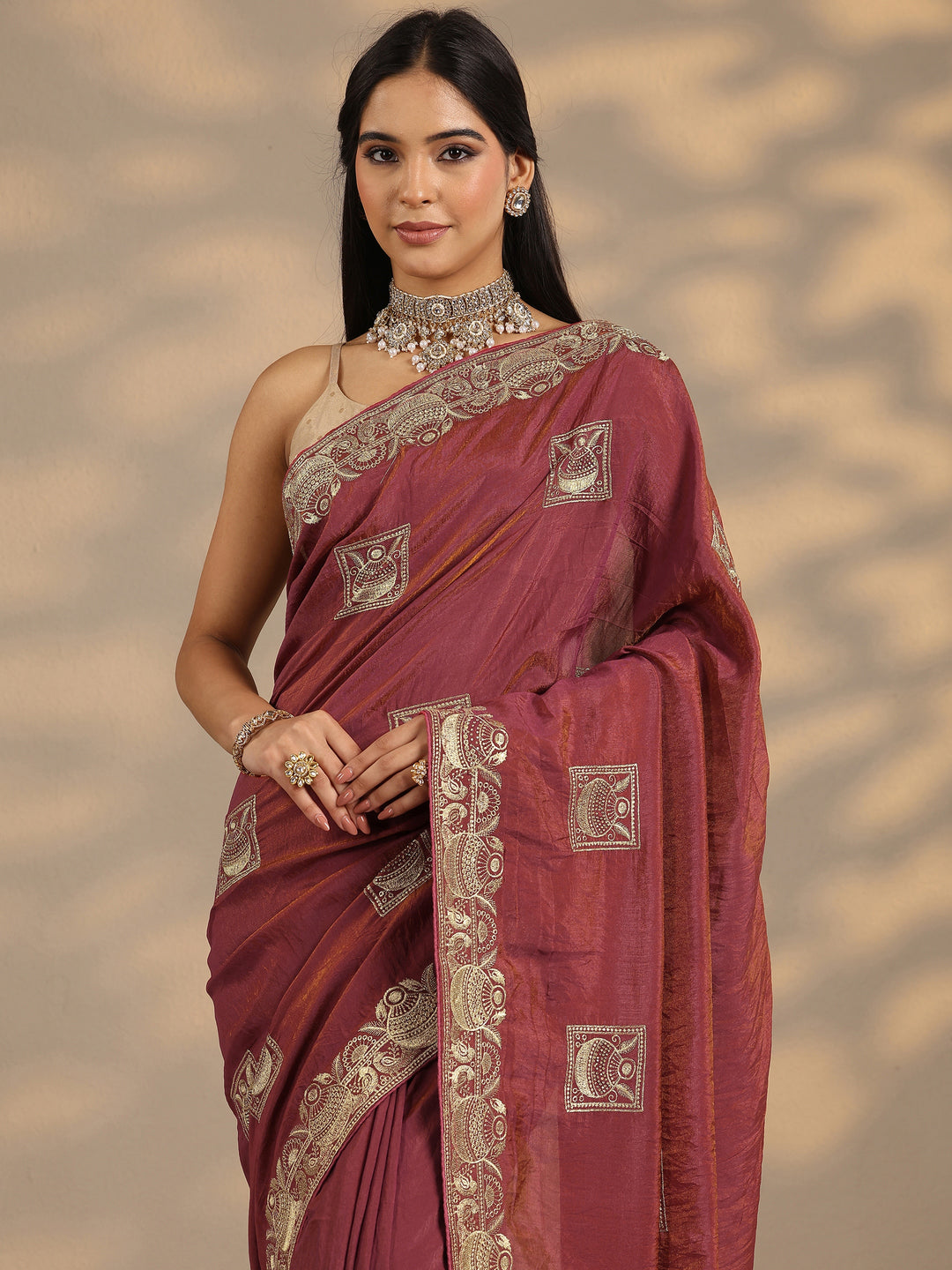 Pink Embellished Silk Blend Saree With Unstitched Blouse Piece