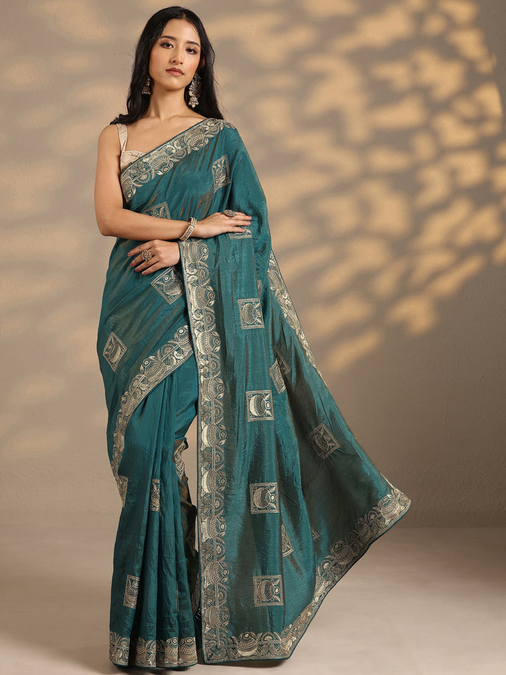 Blue Embellished Silk Blend Saree With Unstitched Blouse Piece