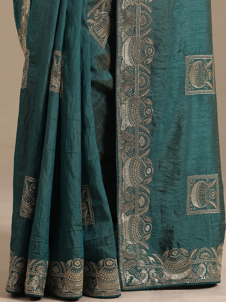 Blue Embellished Silk Blend Saree With Unstitched Blouse Piece