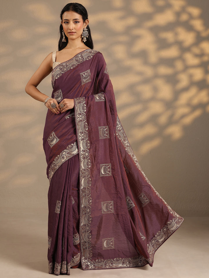 Purple Embellished Silk Blend Saree With Unstitched Blouse Piece