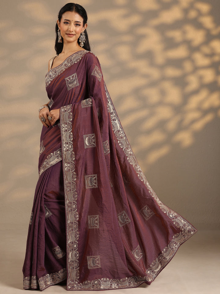 Purple Embellished Silk Blend Saree With Unstitched Blouse Piece