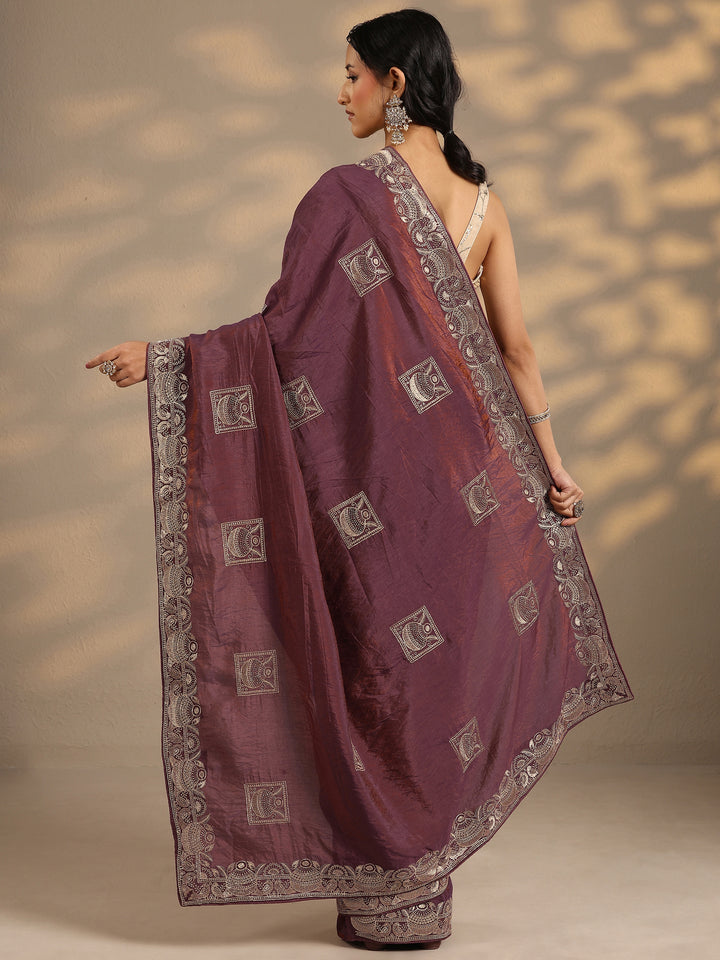 Purple Embellished Silk Blend Saree With Unstitched Blouse Piece