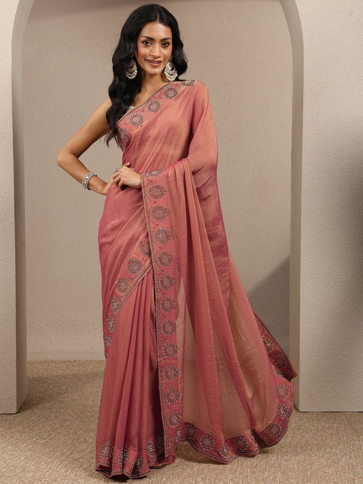 Coral Embellished Organza Saree With Unstitched Blouse Piece