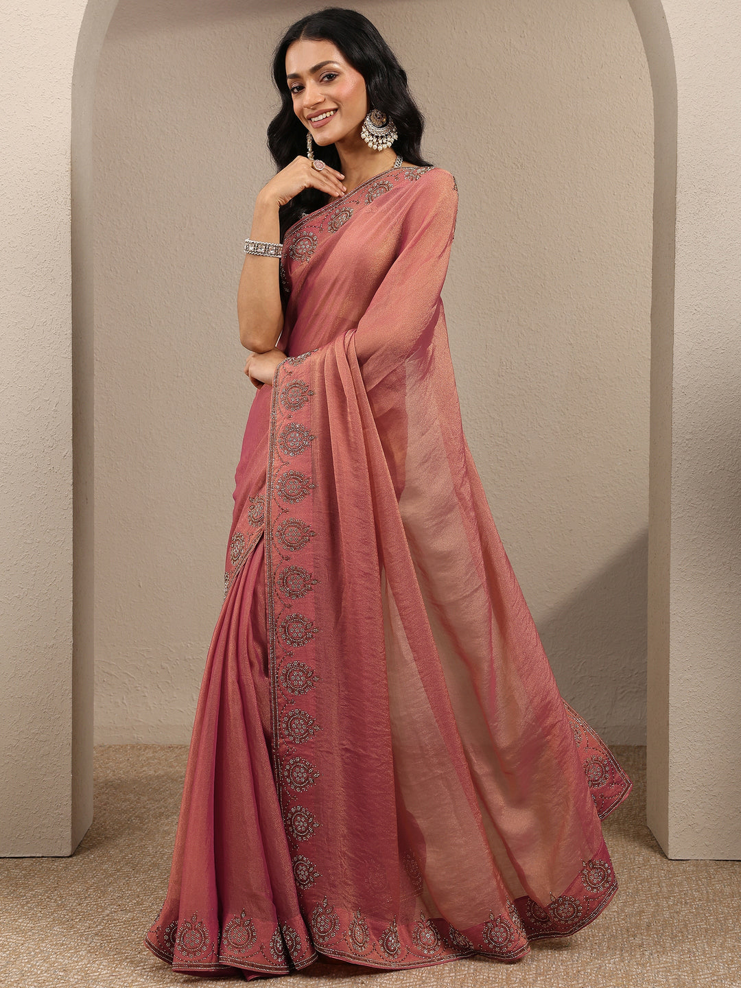 Coral Embellished Organza Saree With Unstitched Blouse Piece