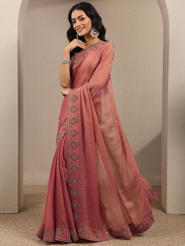 Coral Embellished Organza Saree With Unstitched Blouse Piece