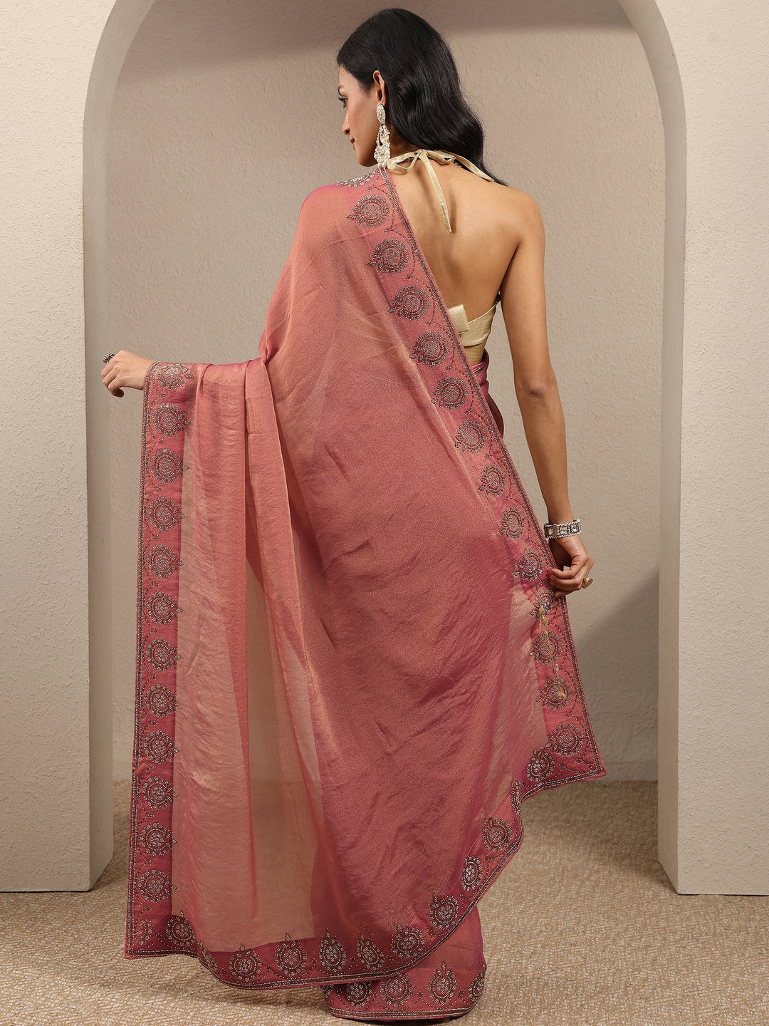 Coral Embellished Organza Saree With Unstitched Blouse Piece