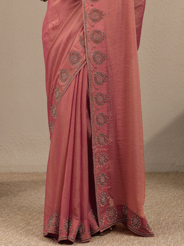 Coral Embellished Organza Saree With Unstitched Blouse Piece