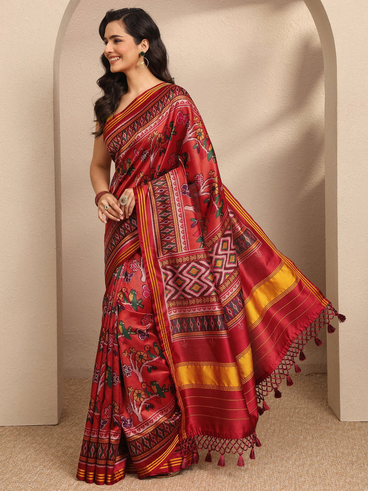 Orange Printed Silk Blend Saree With Unstitched Blouse Piece