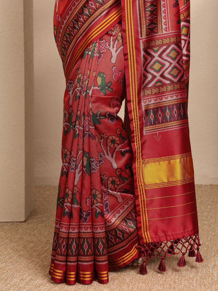Orange Printed Silk Blend Saree With Unstitched Blouse Piece