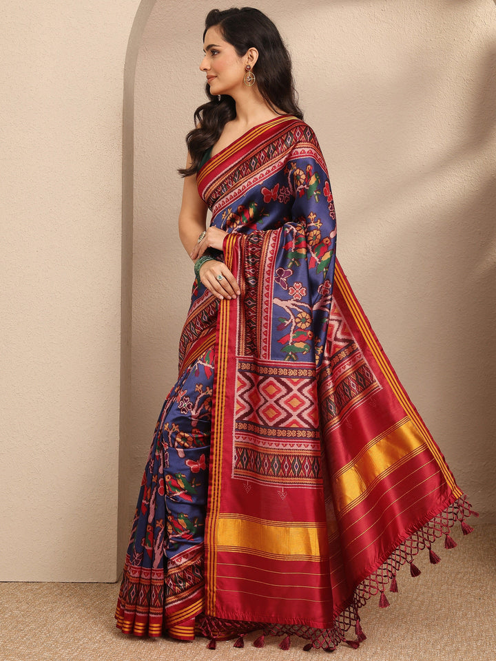 Blue Printed Silk Blend Saree With Unstitched Blouse Piece