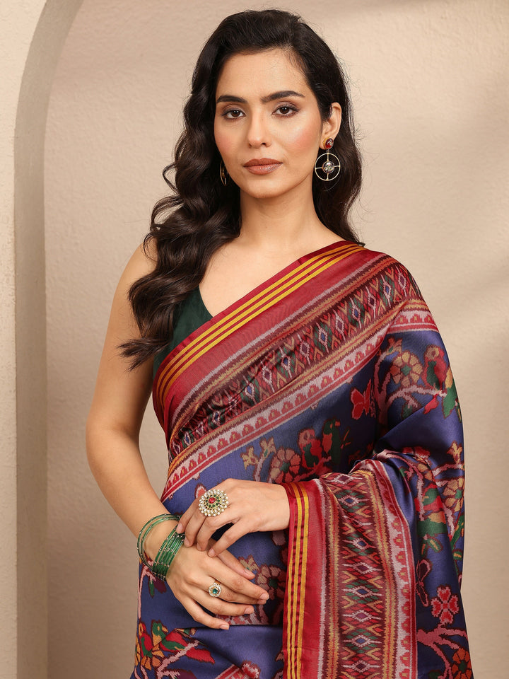 Blue Printed Silk Blend Saree With Unstitched Blouse Piece