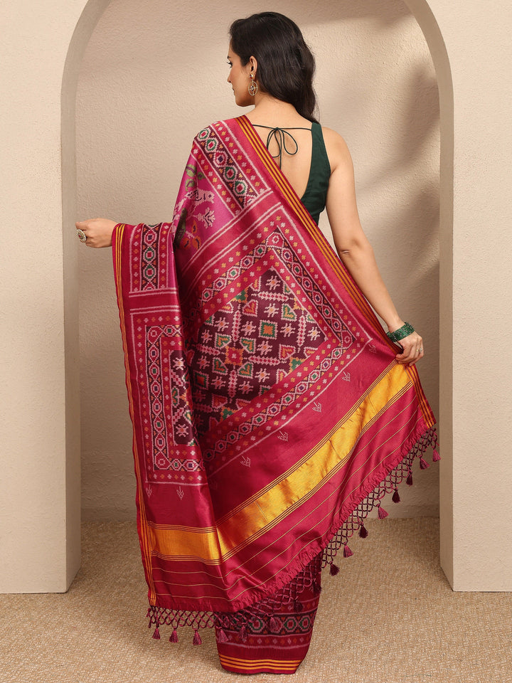 Pink Printed Silk Blend Saree With Unstitched Blouse Piece