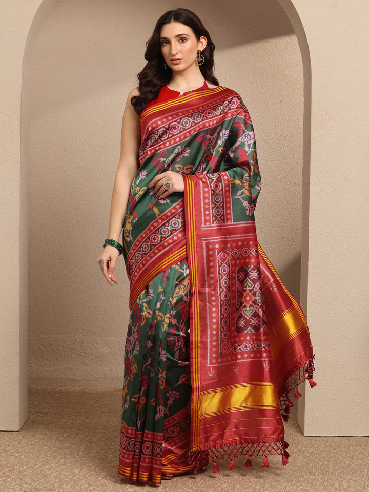 Green Printed Silk Blend Saree With Unstitched Blouse Piece