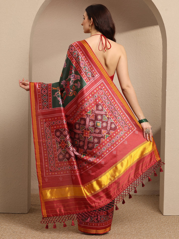 Green Printed Silk Blend Saree With Unstitched Blouse Piece