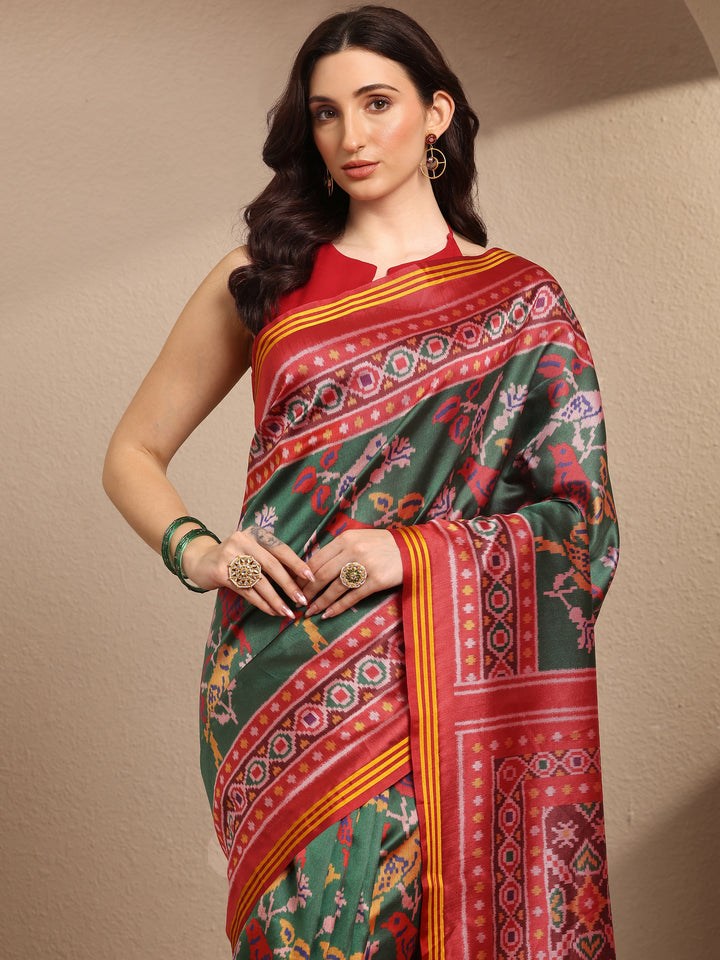 Green Printed Silk Blend Saree With Unstitched Blouse Piece