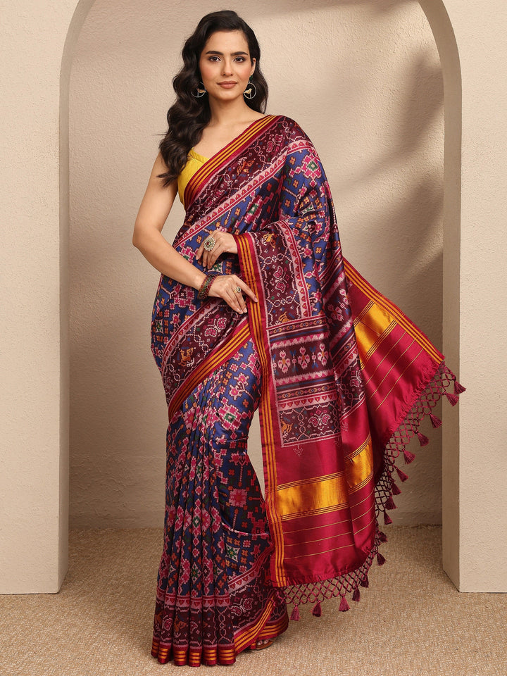 Blue Ikkat Printed Silk Blend Saree With Unstitched Blouse Piece