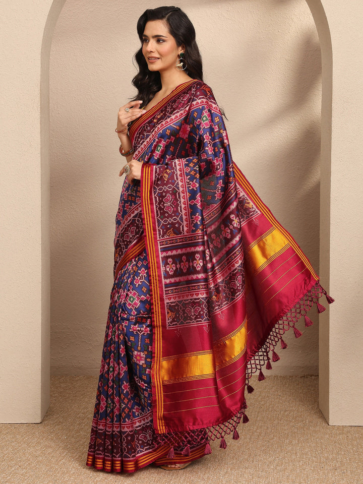 Blue Ikkat Printed Silk Blend Saree With Unstitched Blouse Piece
