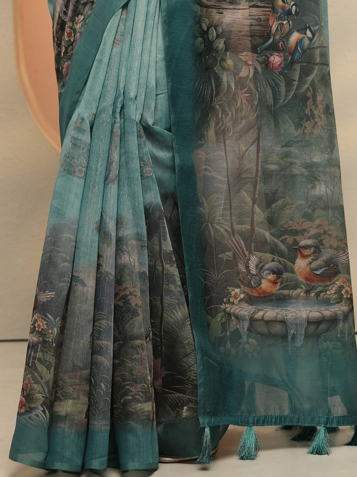 Green Printed Silk Blend Saree With Unstitched Blouse Piece