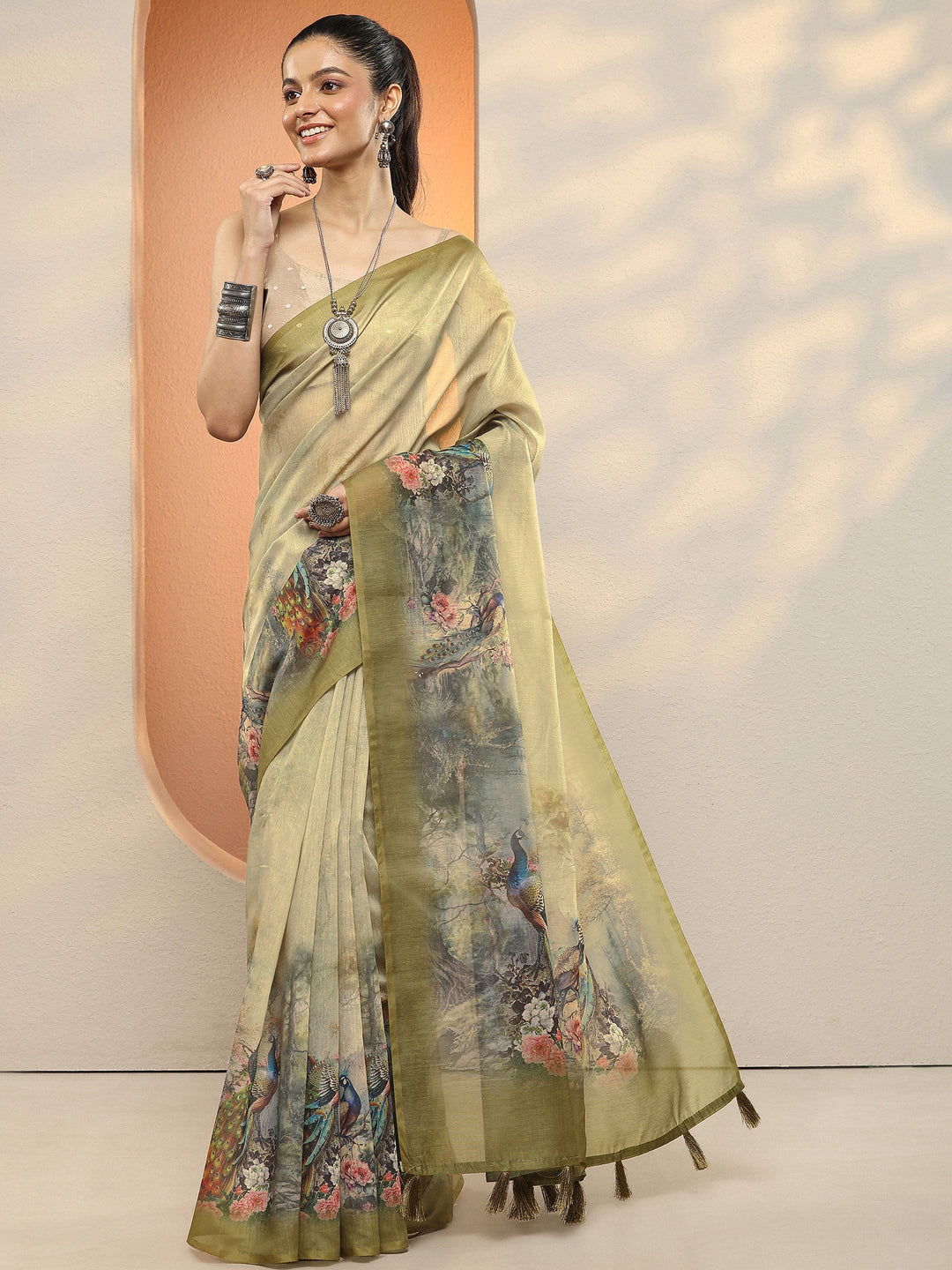 Olive Printed Silk Blend Sarees With Unstitched Blouse Piece