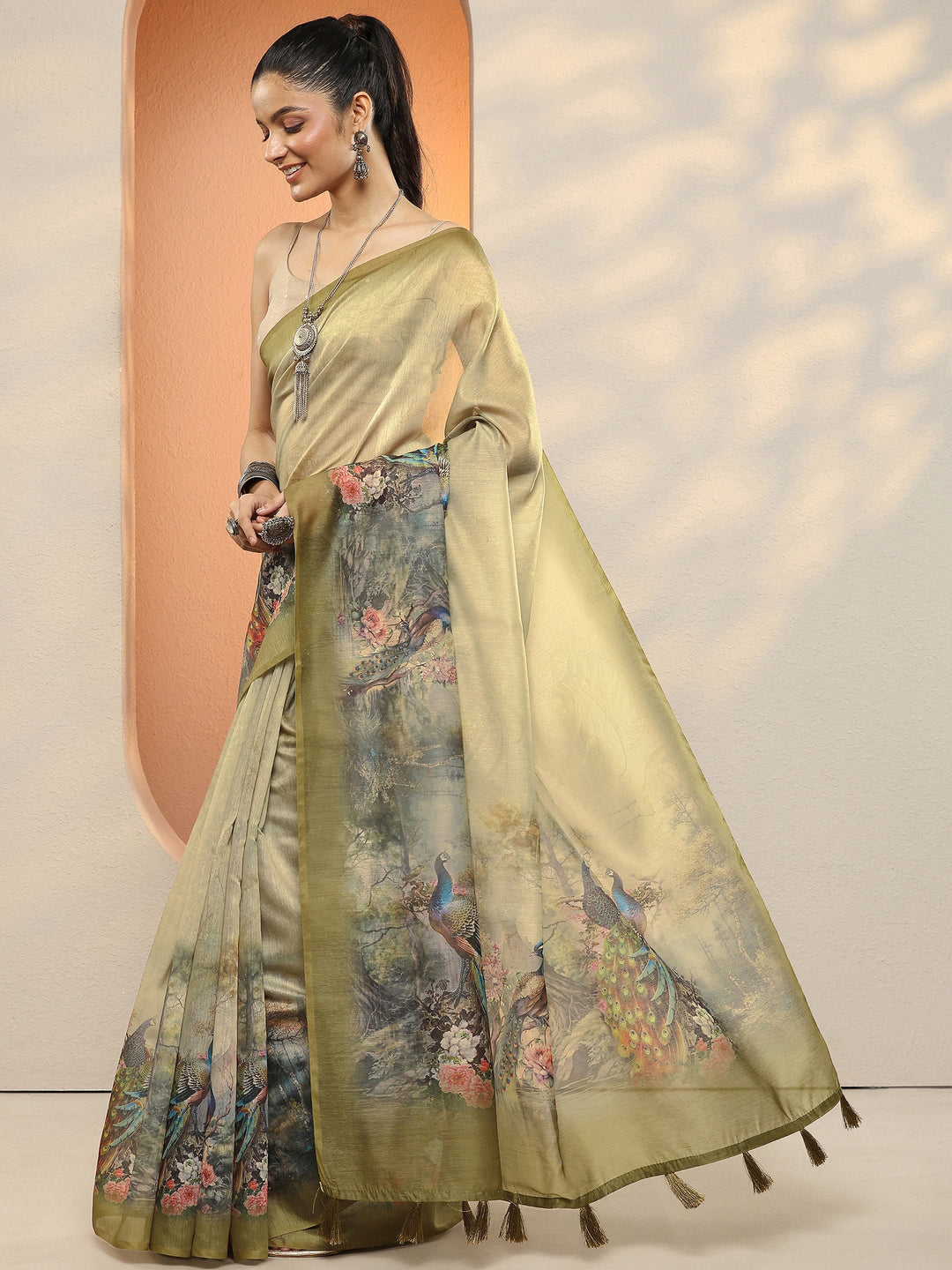 Olive Printed Silk Blend Sarees With Unstitched Blouse Piece