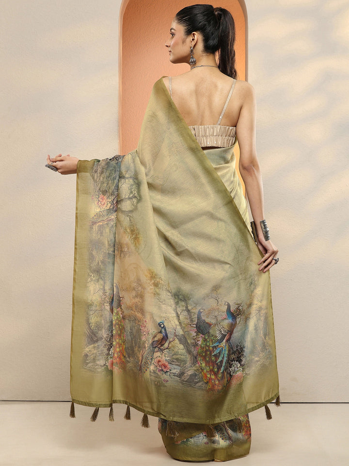 Olive Printed Silk Blend Sarees With Unstitched Blouse Piece