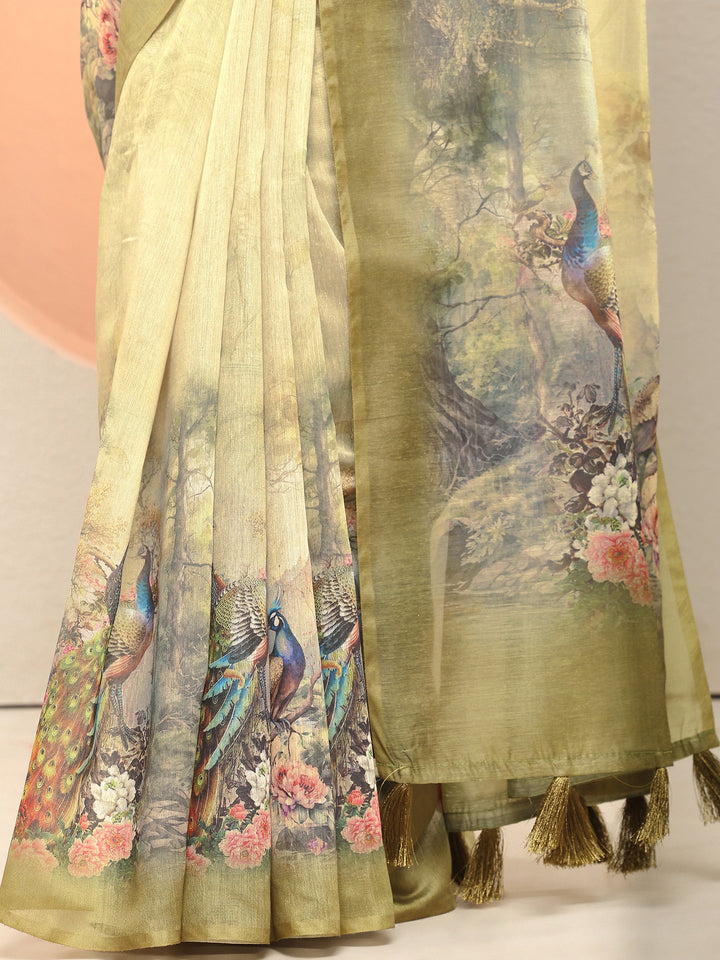 Olive Printed Silk Blend Sarees With Unstitched Blouse Piece