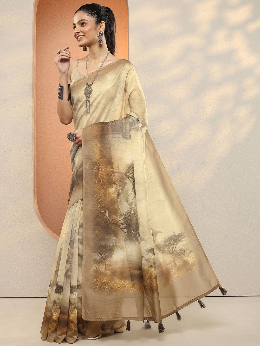 Brown Tribal Printed Sarees With Unstitched Blouse Piece