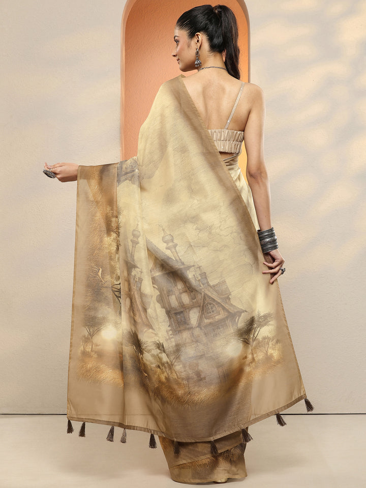 Brown Tribal Printed Sarees With Unstitched Blouse Piece