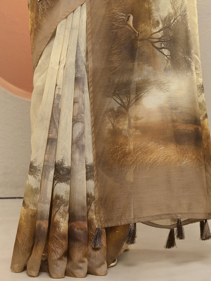 Brown Tribal Printed Sarees With Unstitched Blouse Piece