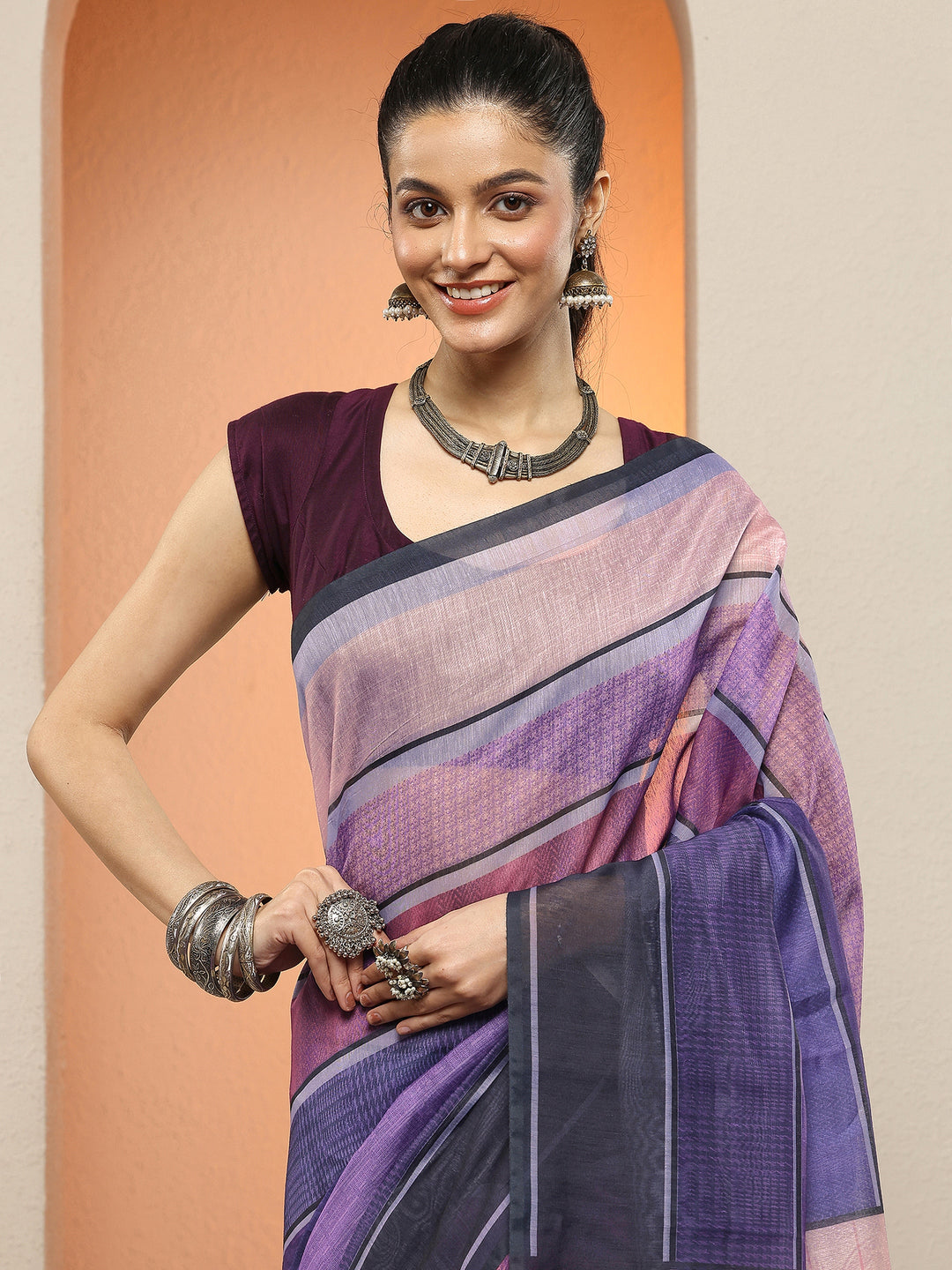 Purple Printed Silk Blend Sarees With Unstitched Blouse Piece