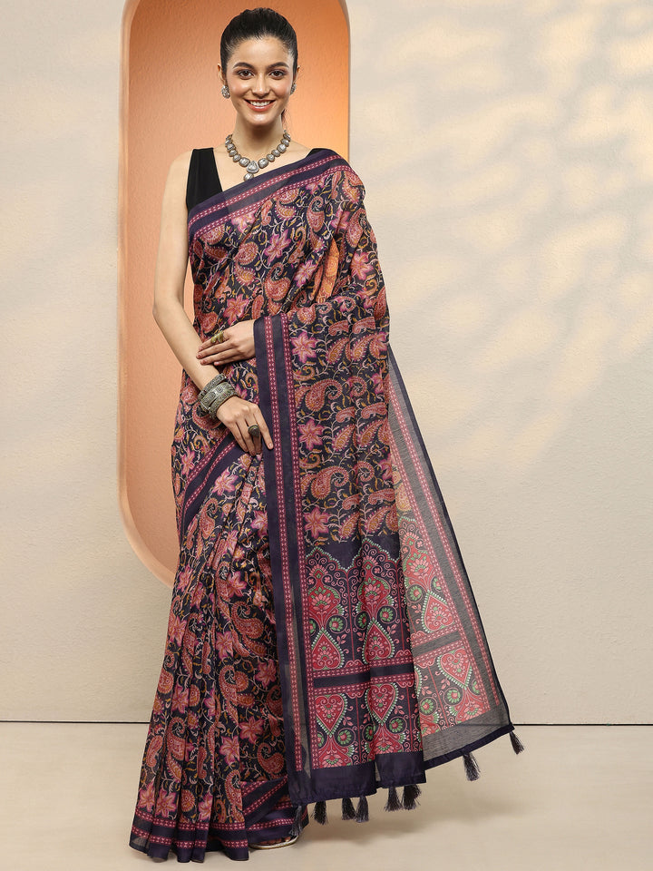 Purple Paisley Printed Sarees With Unstitched Blouse Piece
