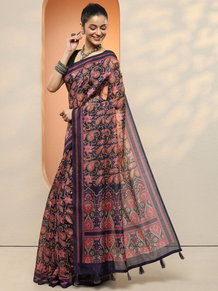 Purple Paisley Printed Sarees With Unstitched Blouse Piece