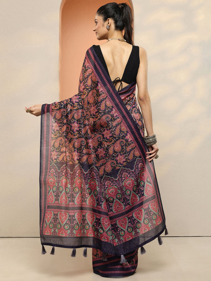 Purple Paisley Printed Sarees With Unstitched Blouse Piece
