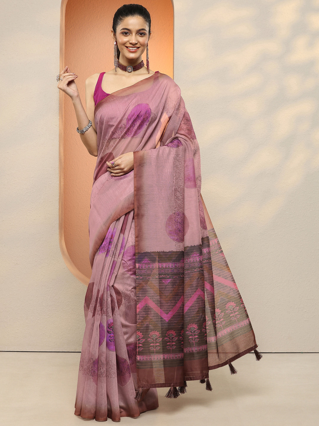 Pink Printed Silk Blend Sarees With Unstitched Blouse Piece