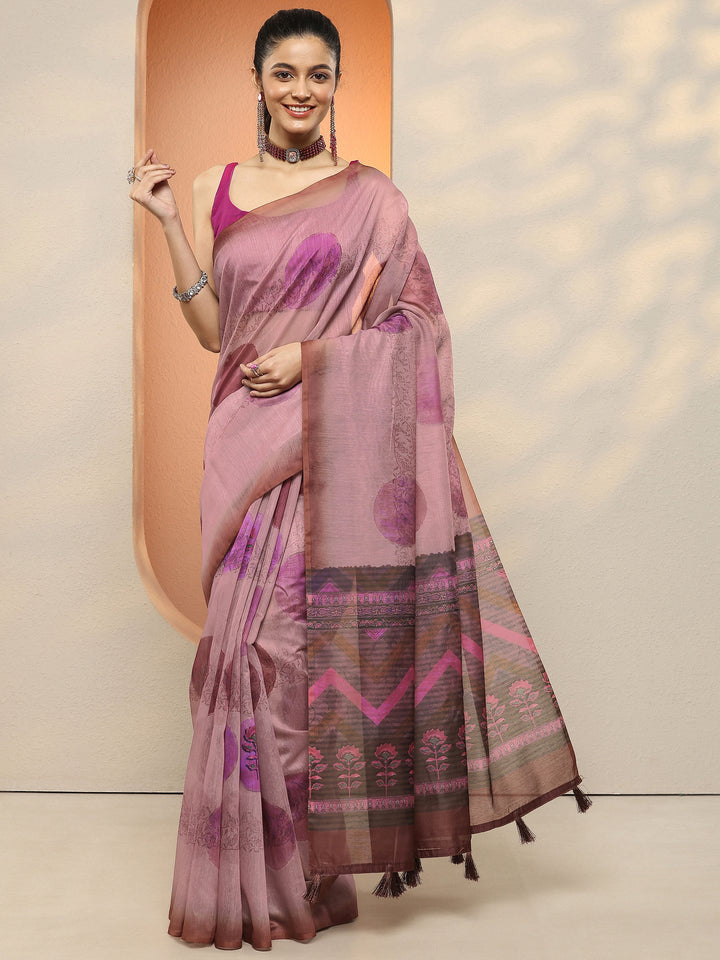 Pink Printed Silk Blend Sarees With Unstitched Blouse Piece