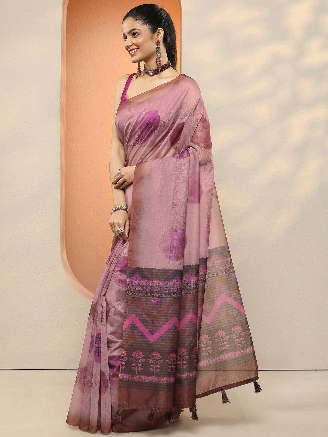 Pink Printed Silk Blend Sarees With Unstitched Blouse Piece