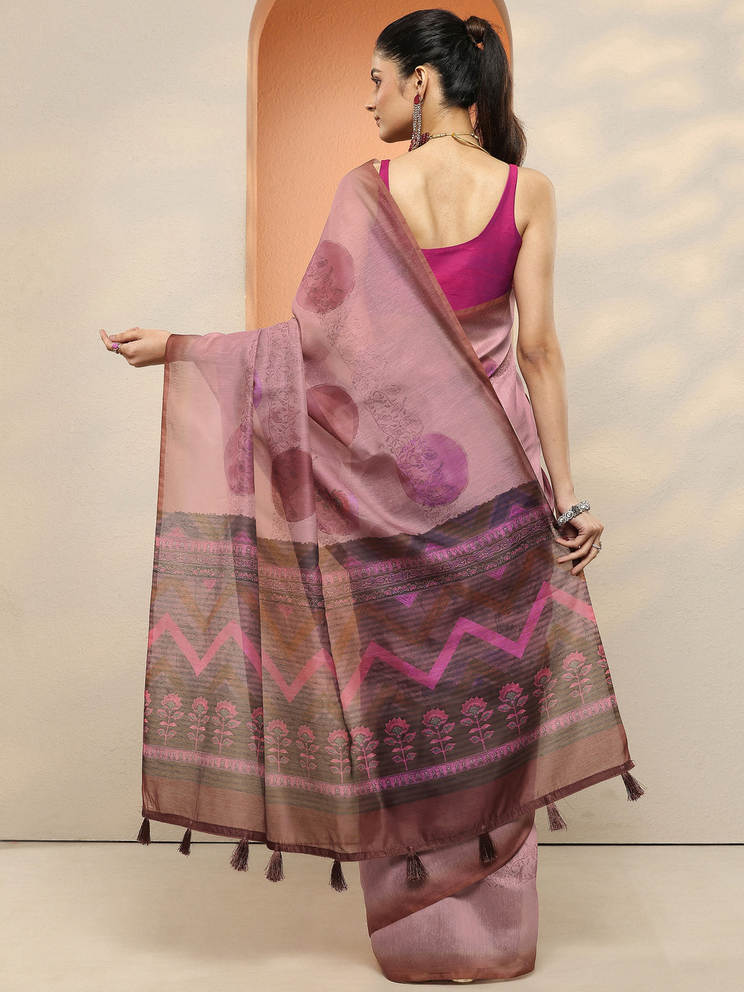 Pink Printed Silk Blend Sarees With Unstitched Blouse Piece