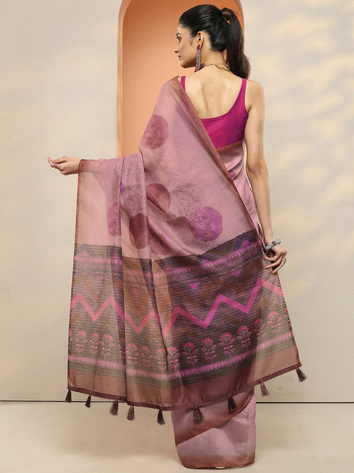 Pink Printed Silk Blend Sarees With Unstitched Blouse Piece