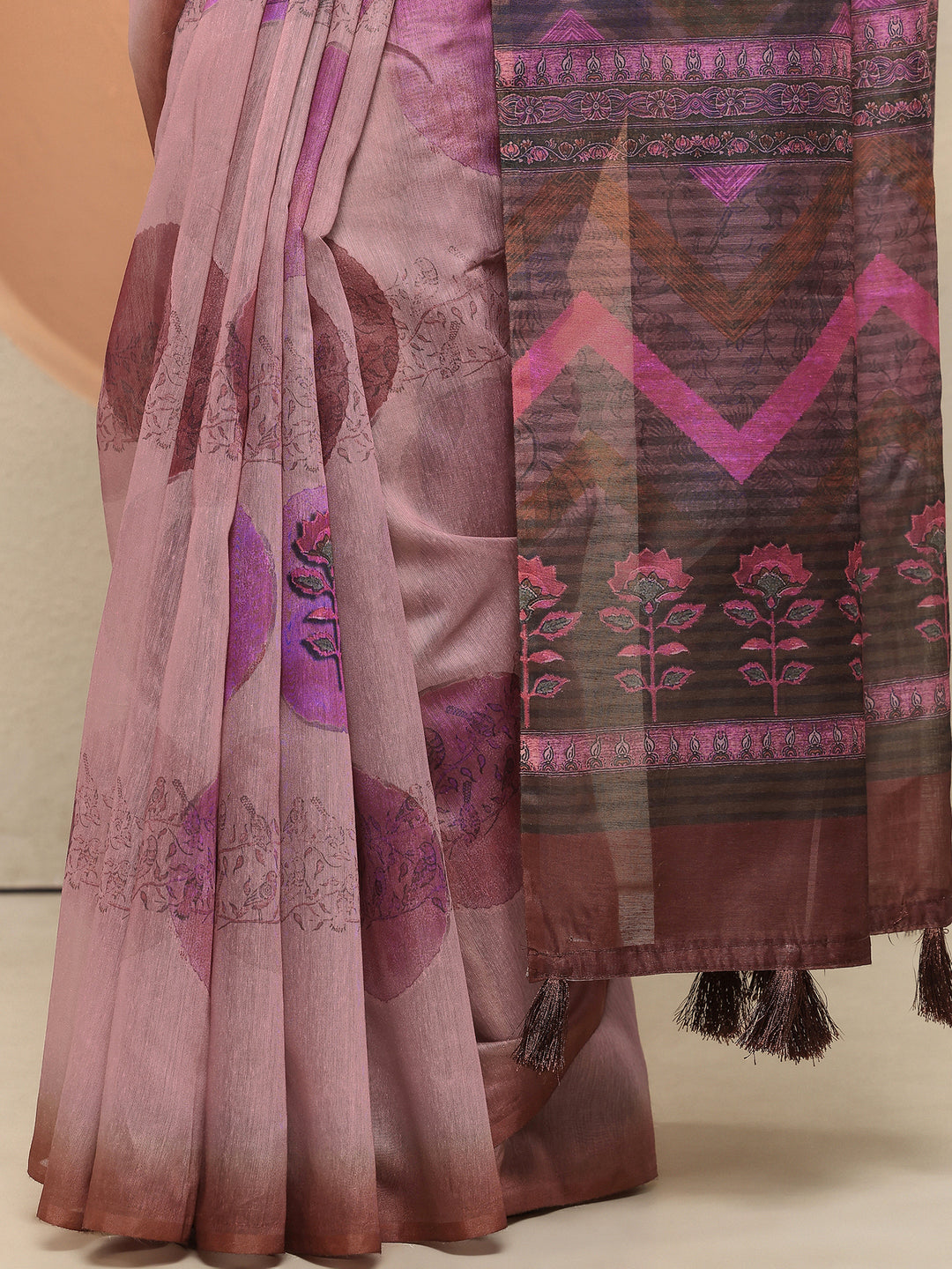 Pink Printed Silk Blend Sarees With Unstitched Blouse Piece