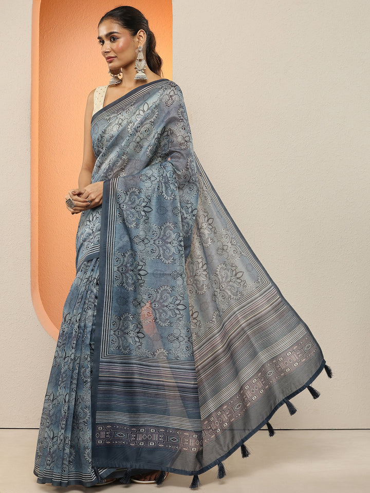 Blue Printed Silk Blend Sarees With Unstitched Blouse Piece