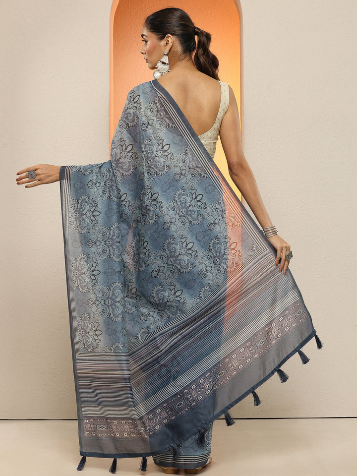 Blue Printed Silk Blend Sarees With Unstitched Blouse Piece