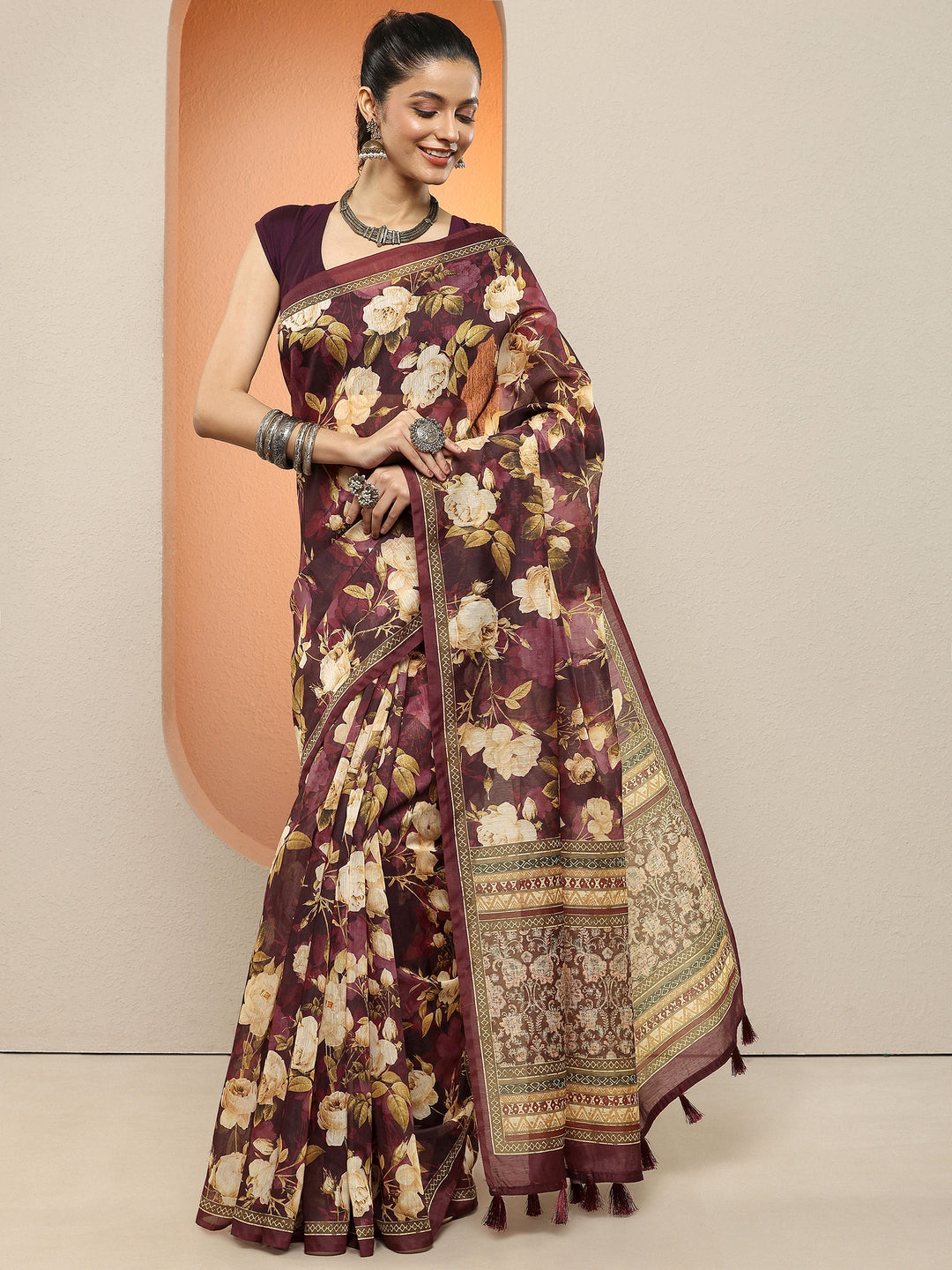 Maroon Printed Silk Blend Sarees With Unstitched Blouse Piece
