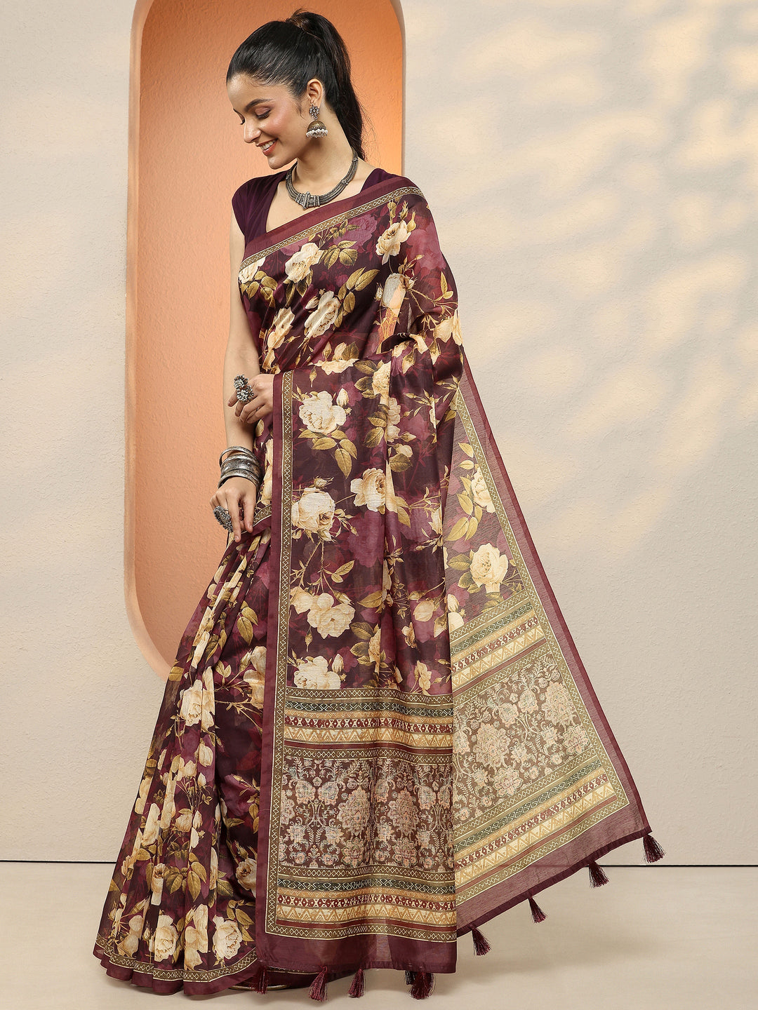 Maroon Printed Silk Blend Sarees With Unstitched Blouse Piece