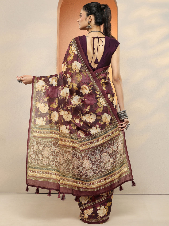 Maroon Printed Silk Blend Sarees With Unstitched Blouse Piece