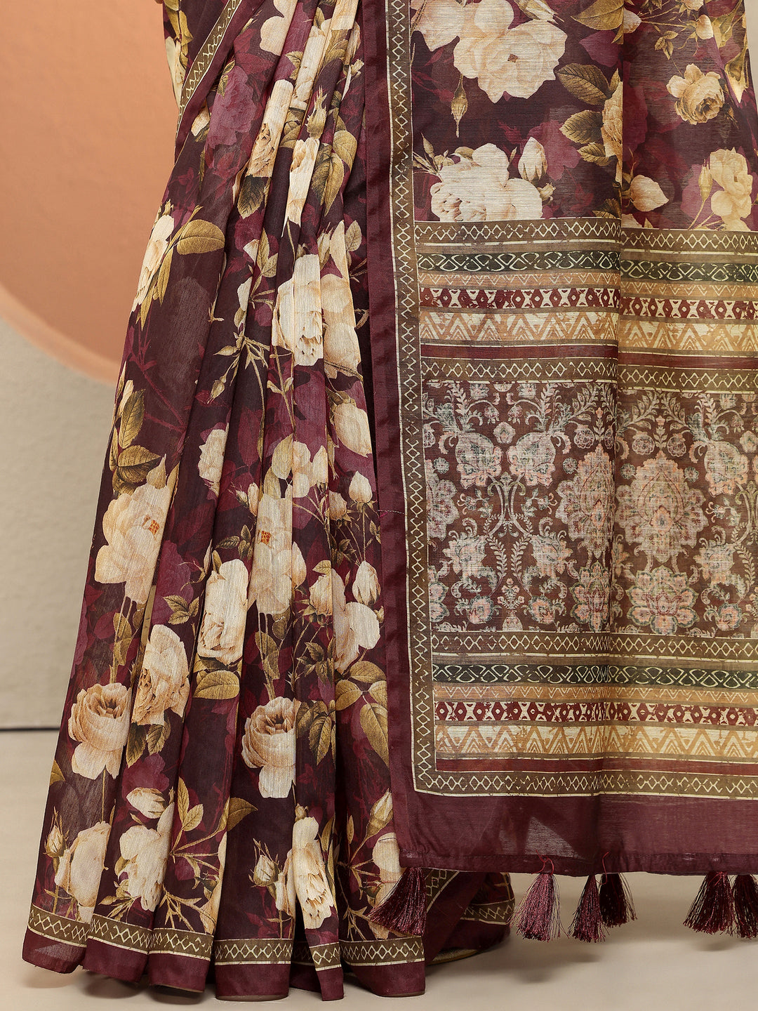 Maroon Printed Silk Blend Sarees With Unstitched Blouse Piece