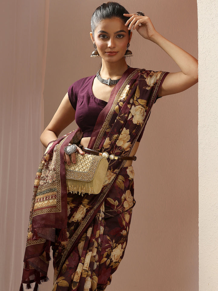Maroon Printed Silk Blend Sarees With Unstitched Blouse Piece